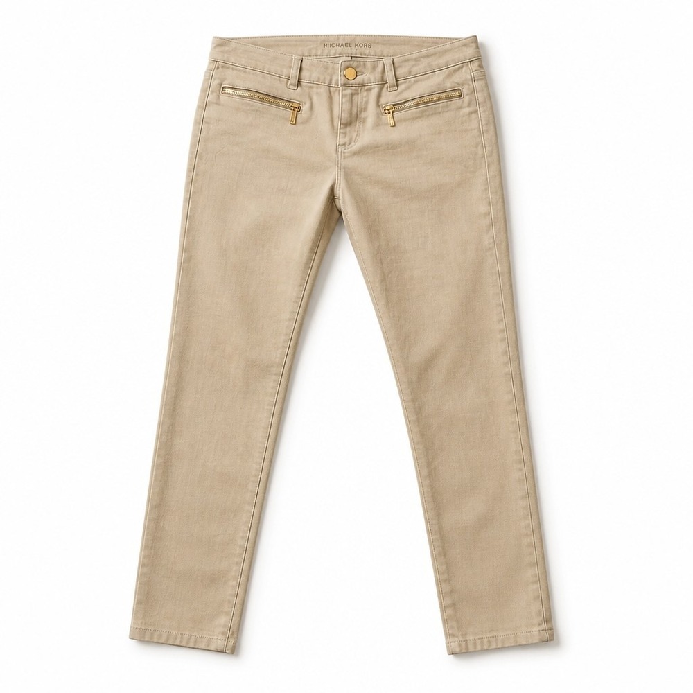 Michael Kors Womens Tan Stretchy Straight‎ Jeans Gold Zippers 38 x 31 NWOT